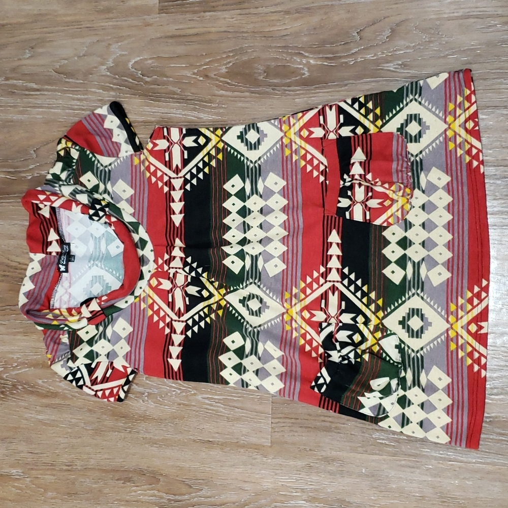 (L) Papillon Aztec Print Sweater Dress/Top Cowl Neck Comfy Colorful Pockets